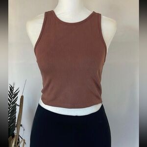 WOMENS ATHLETIC BROWN RIBBED CROP TANK TOP